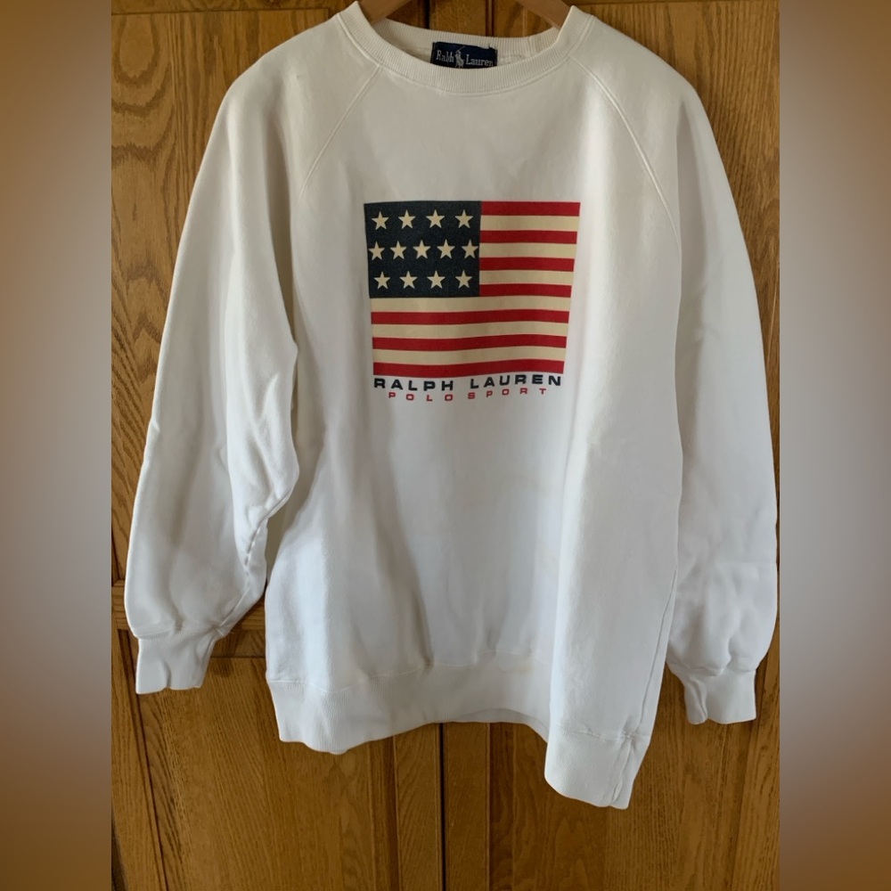 Vintage Ralph Lauren Polo Sport Men's US Flag White Sweatshirt